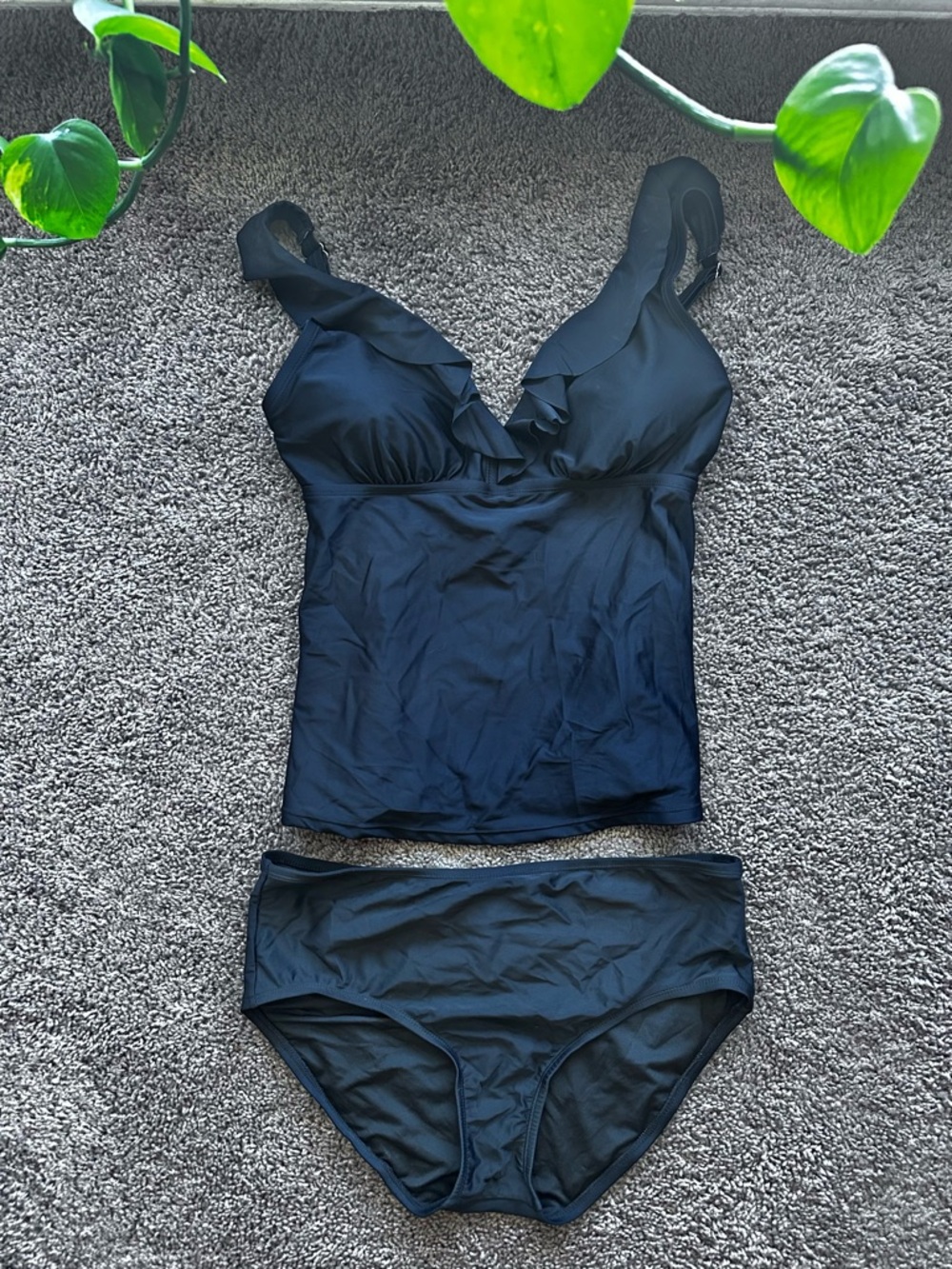 DKNY Black Ruffle Tankini Top with Matching Bikini Bottoms